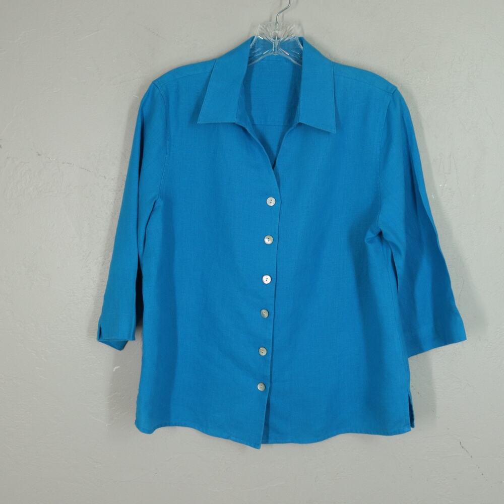Classic Blue Linen Top Women S Collar 3/4 Sleeve Slits Vneck Button Front